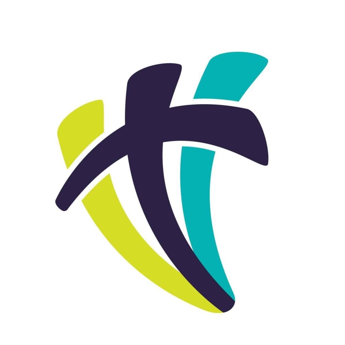 Abstract logo with a stylized cross in purple, layered over teal and yellow arcs.