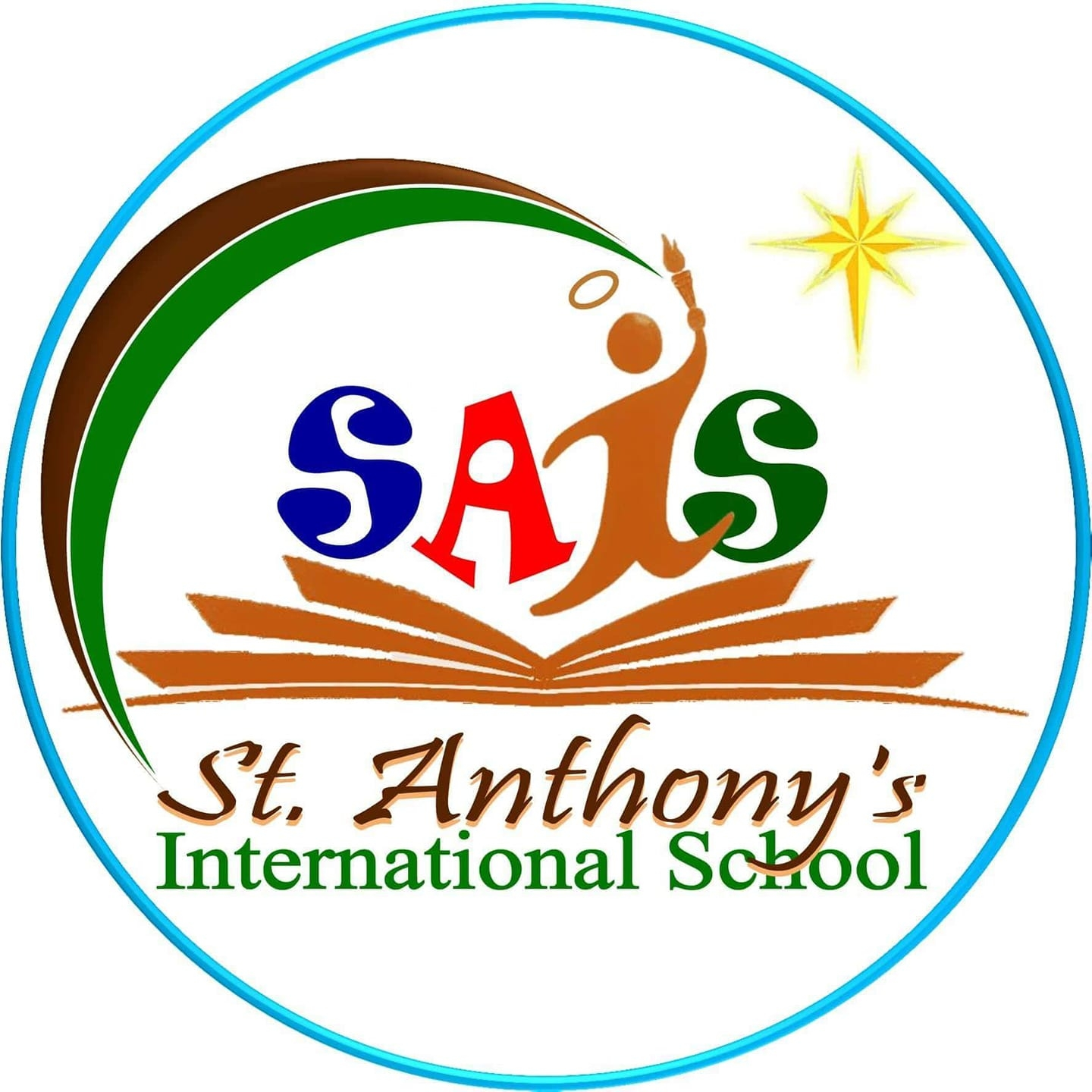 Logo for St. Anthony's International School: a figure reaching up toward a star, above an open book and the acronym