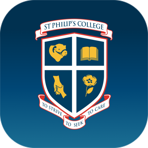 St. Philip's College crest on a blue background. The crest features a shield with four quadrants, text, and ribbons.