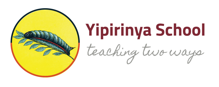 Logo for Yipirinya School, a yellow circle with a detailed green and black leaf, maroon text reads