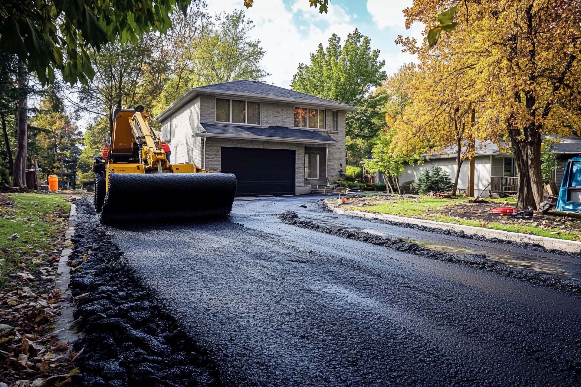 Paving a new driveway on a beautiful autumn day in a charming neighborhood.