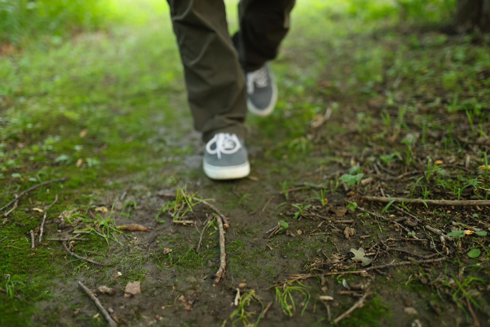 A person is walking down a dirt path in the woods.