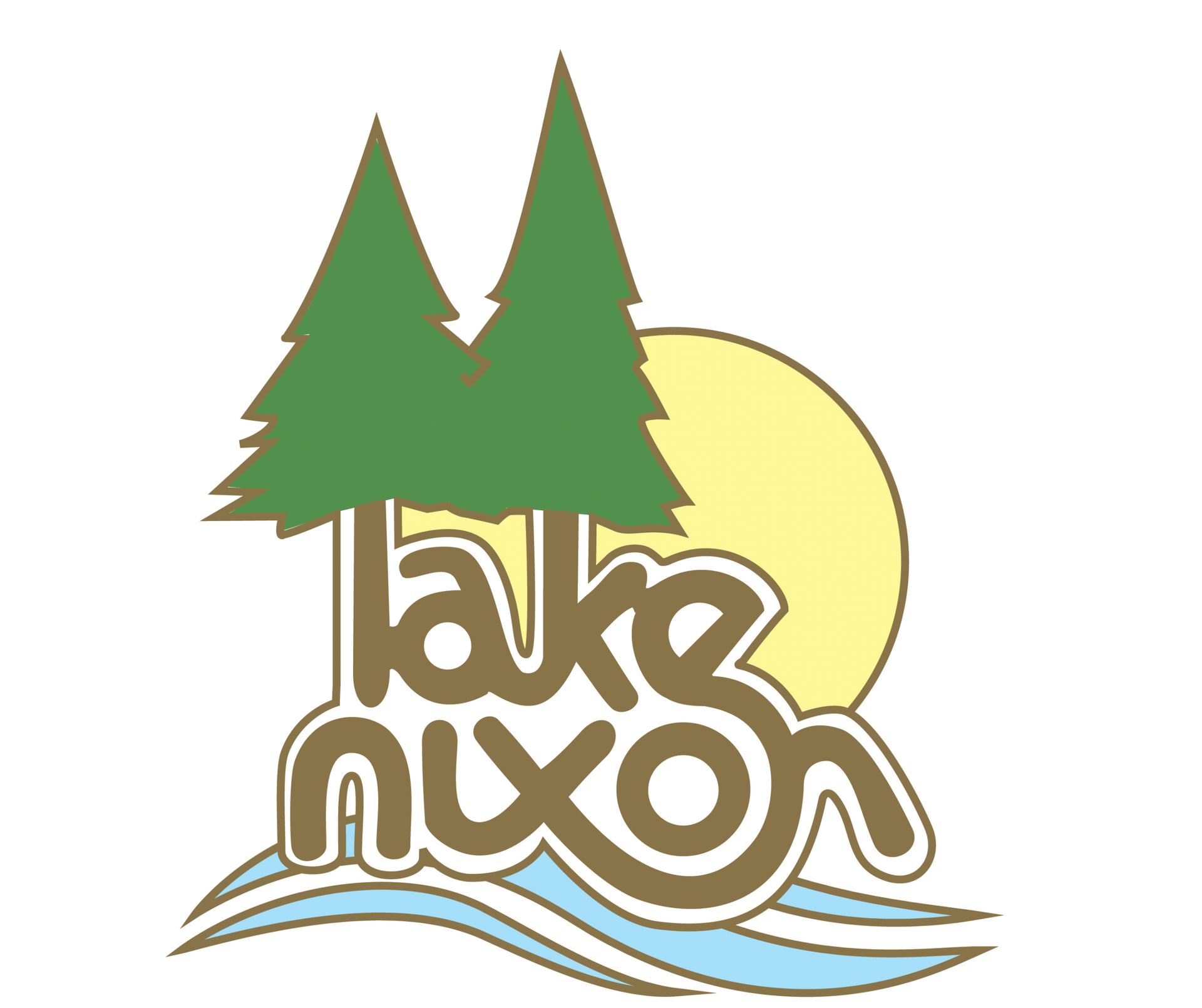 A logo for lake nixon with two trees and a sun