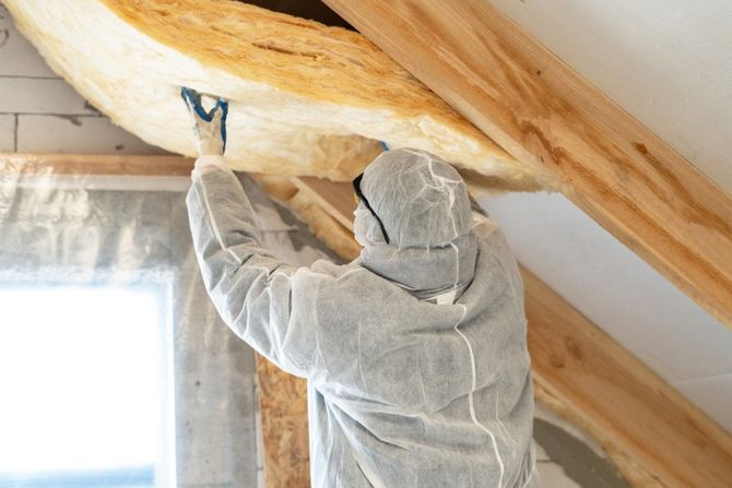 Person in white protective suit insulating a sloped ceiling with a power tool