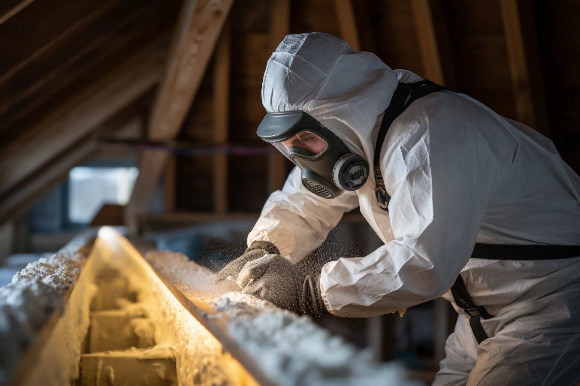 Worker in a white hazmat suit inspecting attic insulation with a flashlight