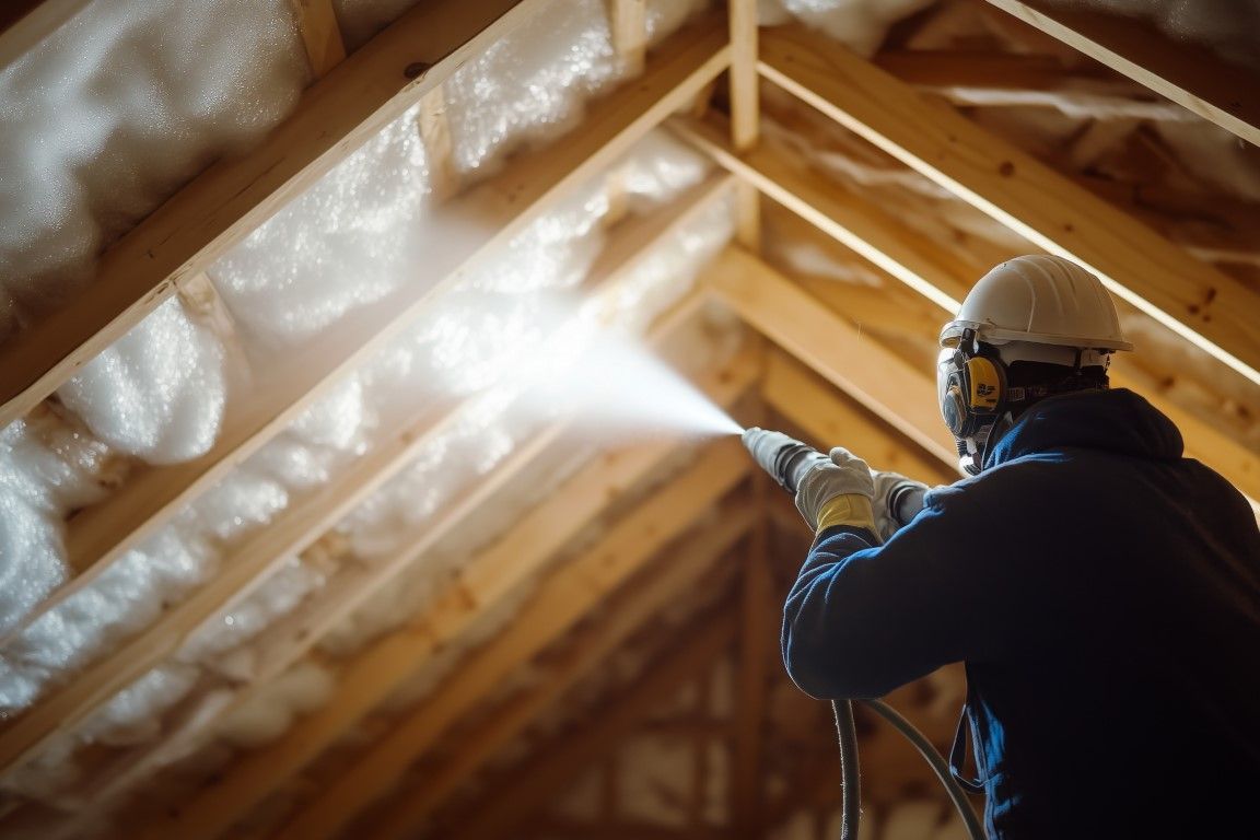 Person spraying insulation into an attic with exposed wooden rafters and bright light.