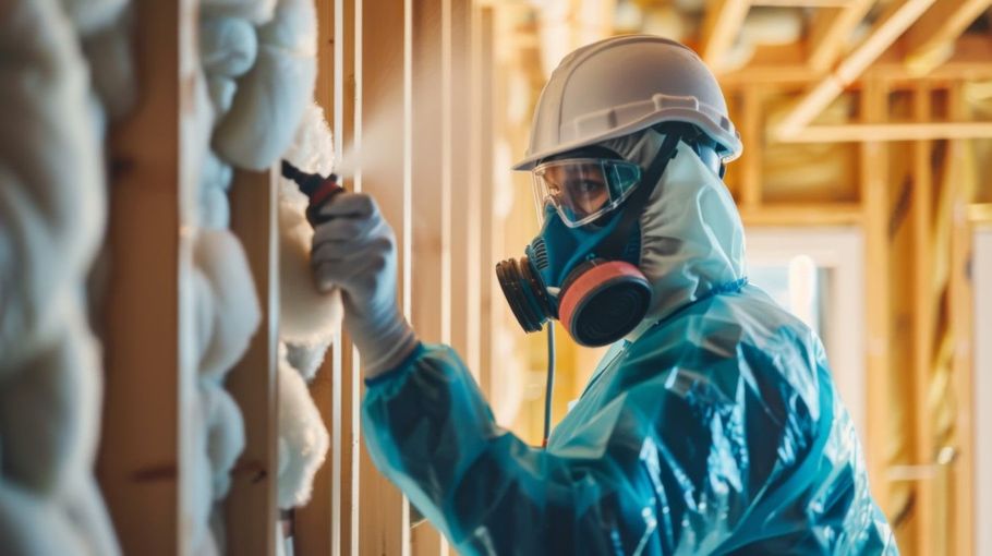 Worker in hard hat and respirator spraying insulation inside a building frame