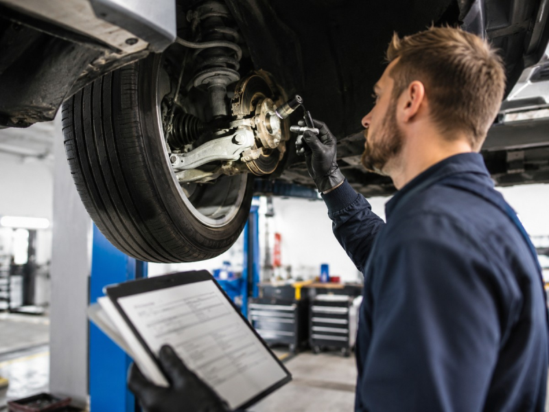 Un meccanico ispeziona la ruota anteriore e le sospensioni di un'auto in un'officina, tenendo in mano un blocco appunti.
