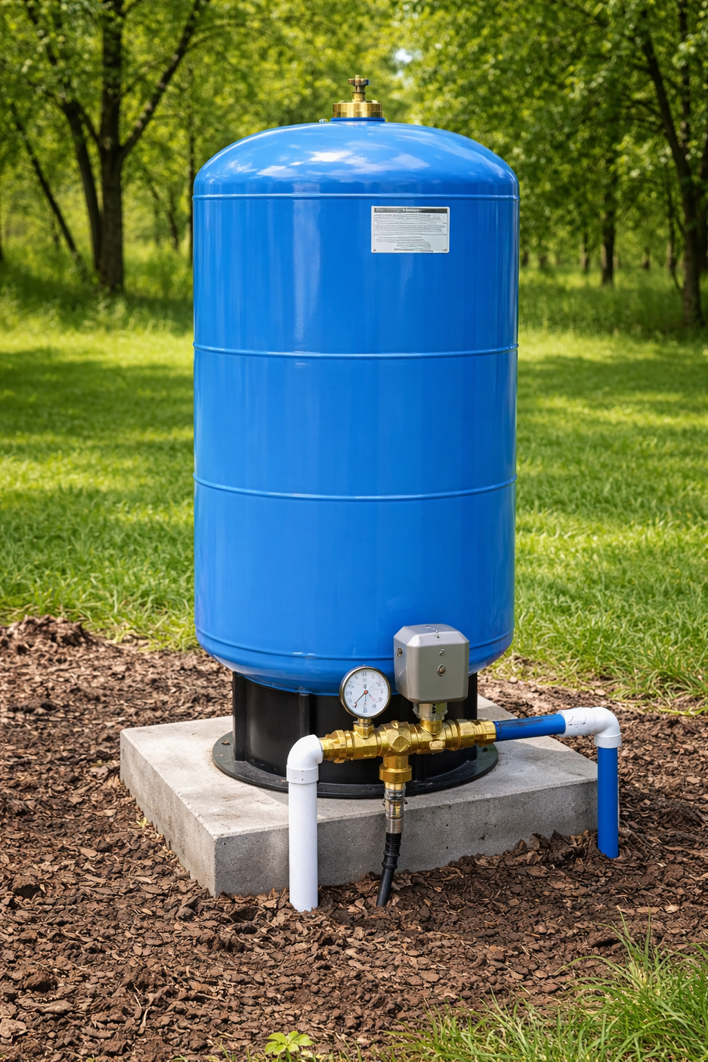 Residential well pressure tank installation for home water system
