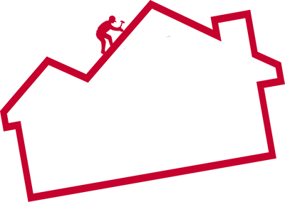 Red outline of a house with a person hammering a roof.