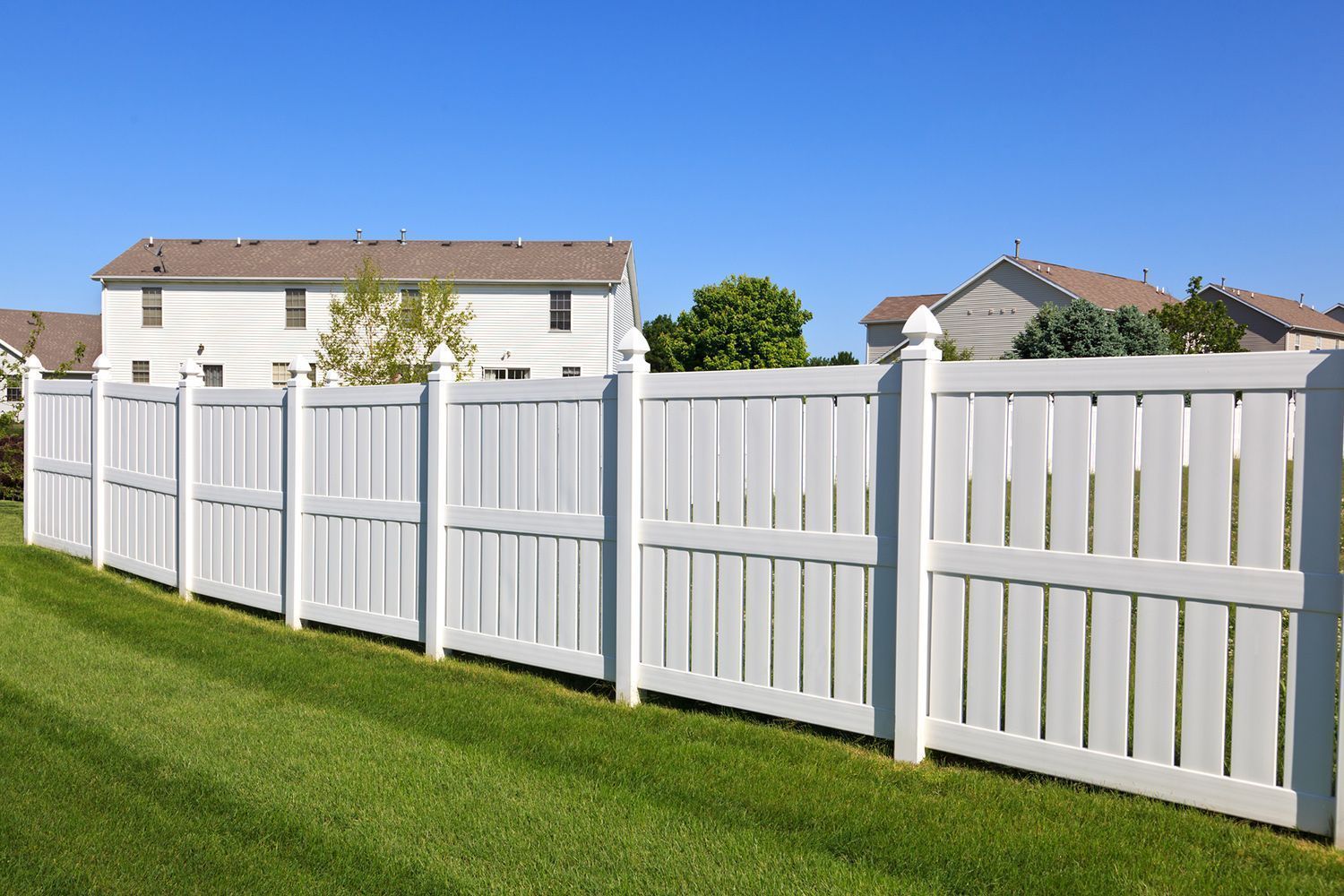 Wooden fence beside green shrubs and tall trees under a blue sky