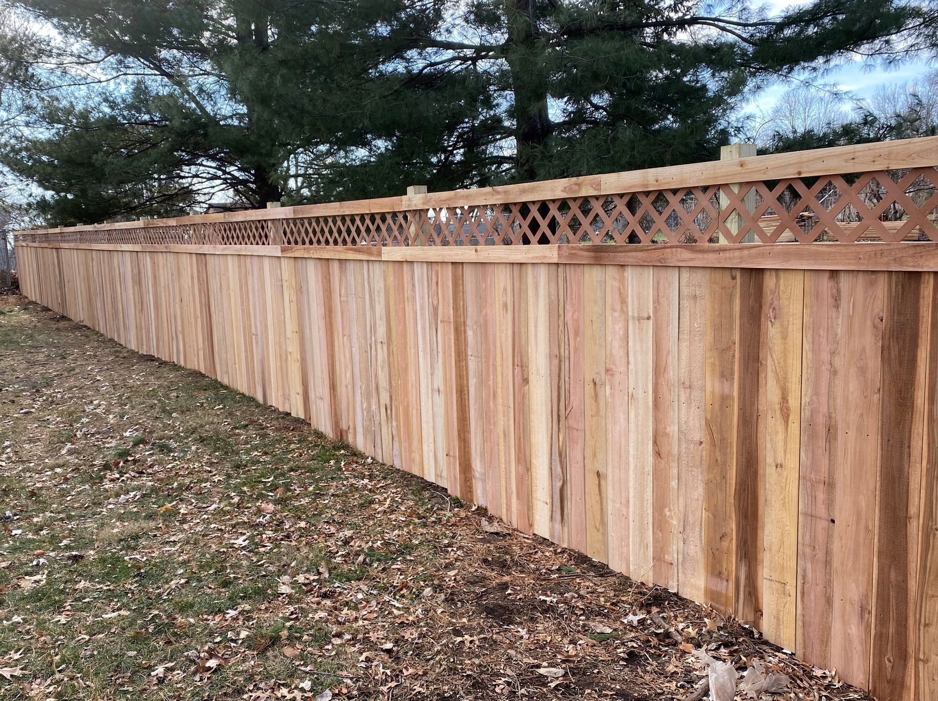 Long wooden privacy fence with lattice top along a leaf-covered yard under trees.