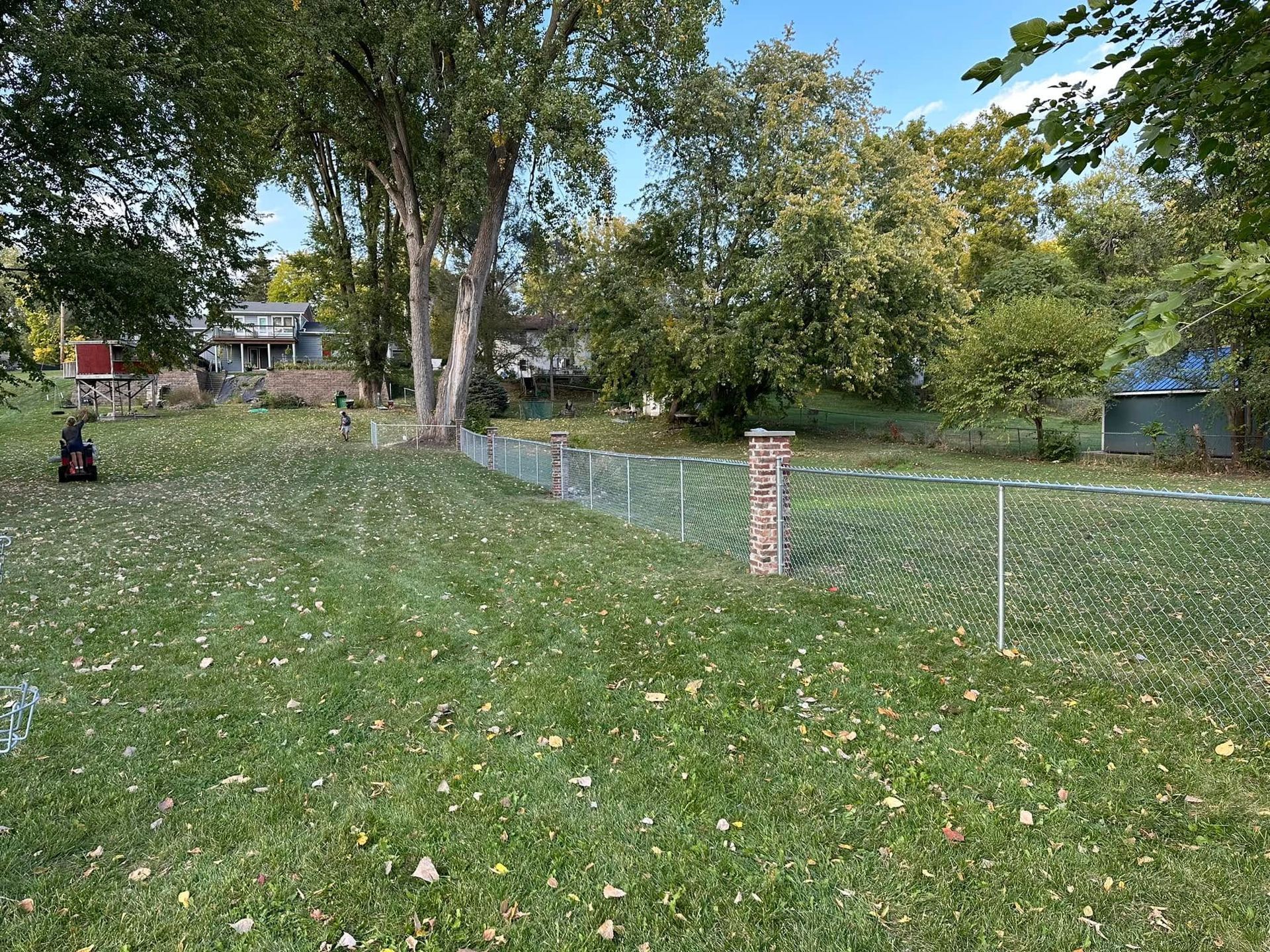 Grassy backyard with a chain-link fence, trees, and a small house under a blue sky.