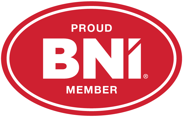Red oval BNI logo with white text: “Proud BNI Member”