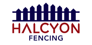 Halcyon Fencing logo with dark blue fence above red and black text
