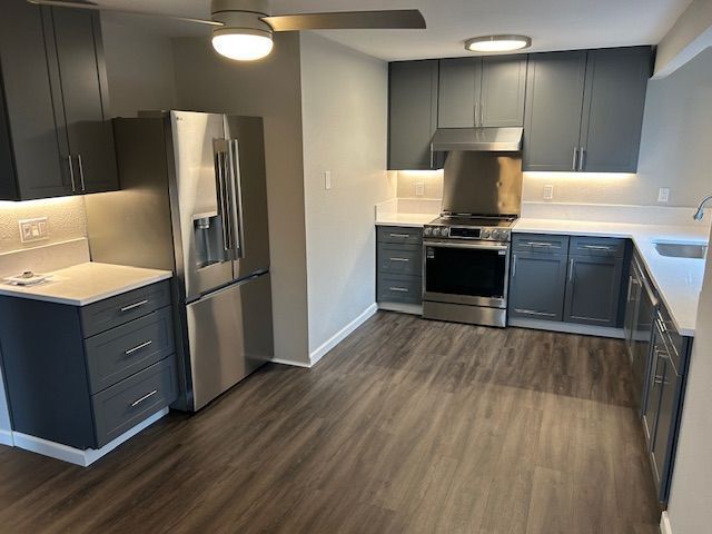 Modern kitchen with gray cabinets, stainless steel appliances, and wood-look flooring