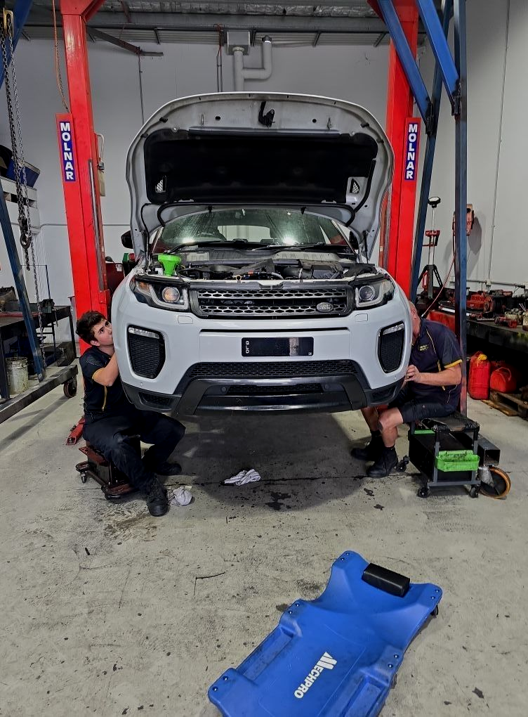 Two Mechanics Working On A White Land Rover — Diesel Engine Rebuilding Australia in Gold Coast, QLD