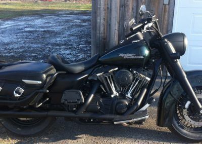 A black harley davidson motorcycle is parked in front of a garage door.