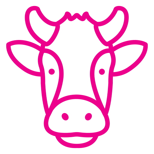 A pink line drawing of a cow 's head with horns.