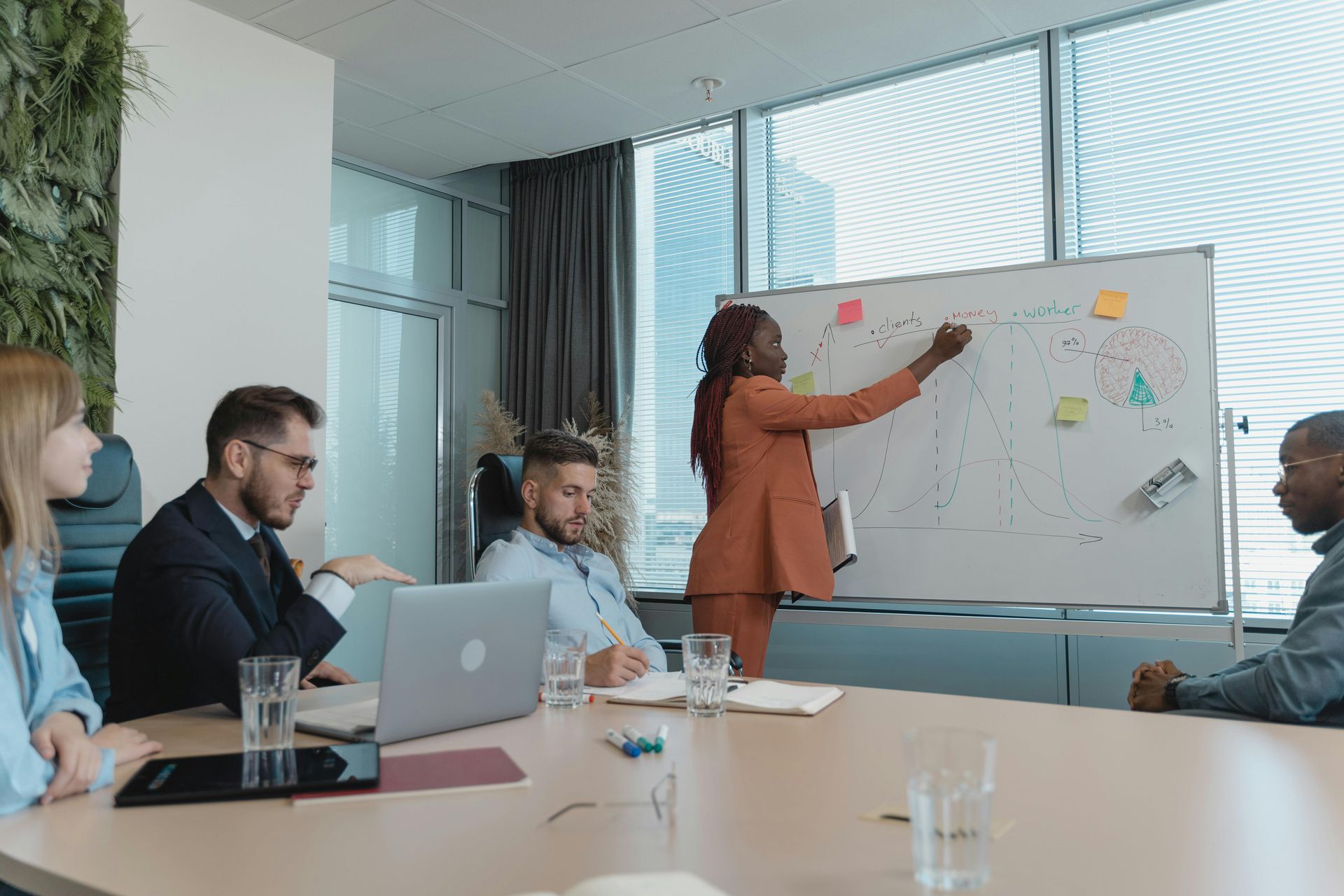 A woman is giving a presentation to a group of people at a conference table.