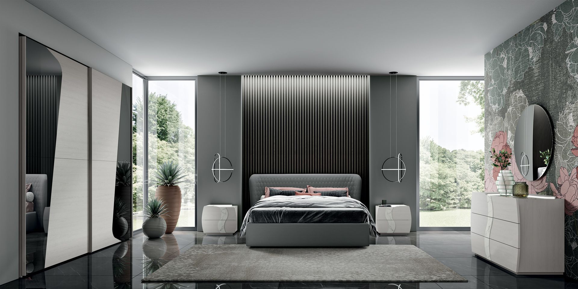Una camera da letto con un letto, una cassettiera, un comodino e uno specchio