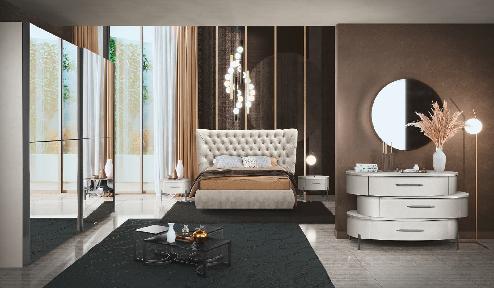 Una camera da letto con letto, cassettiera, specchio e armadio.