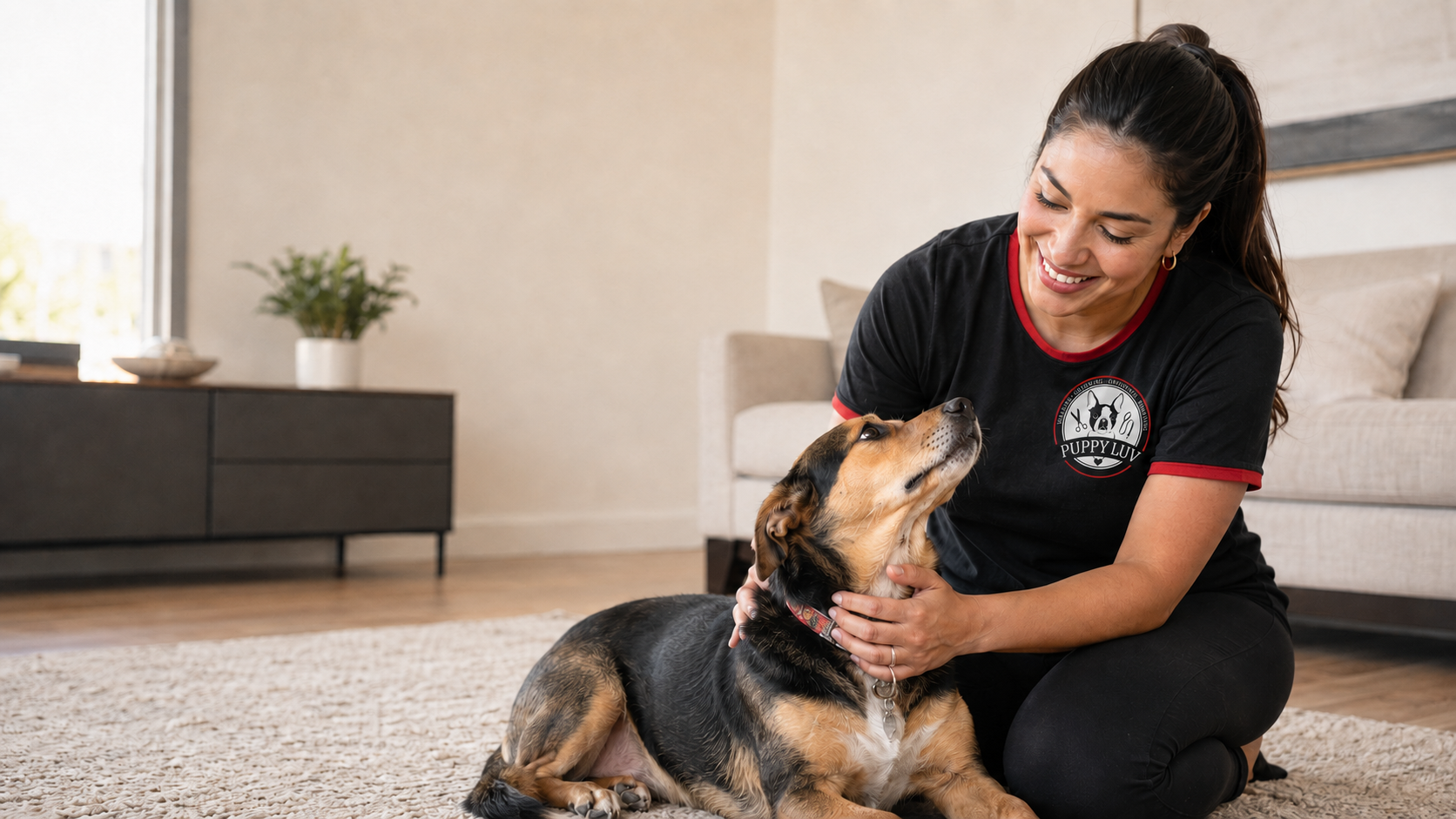 Person working on a laptop at home with their dog nearby, representing pet care planning with Puppy