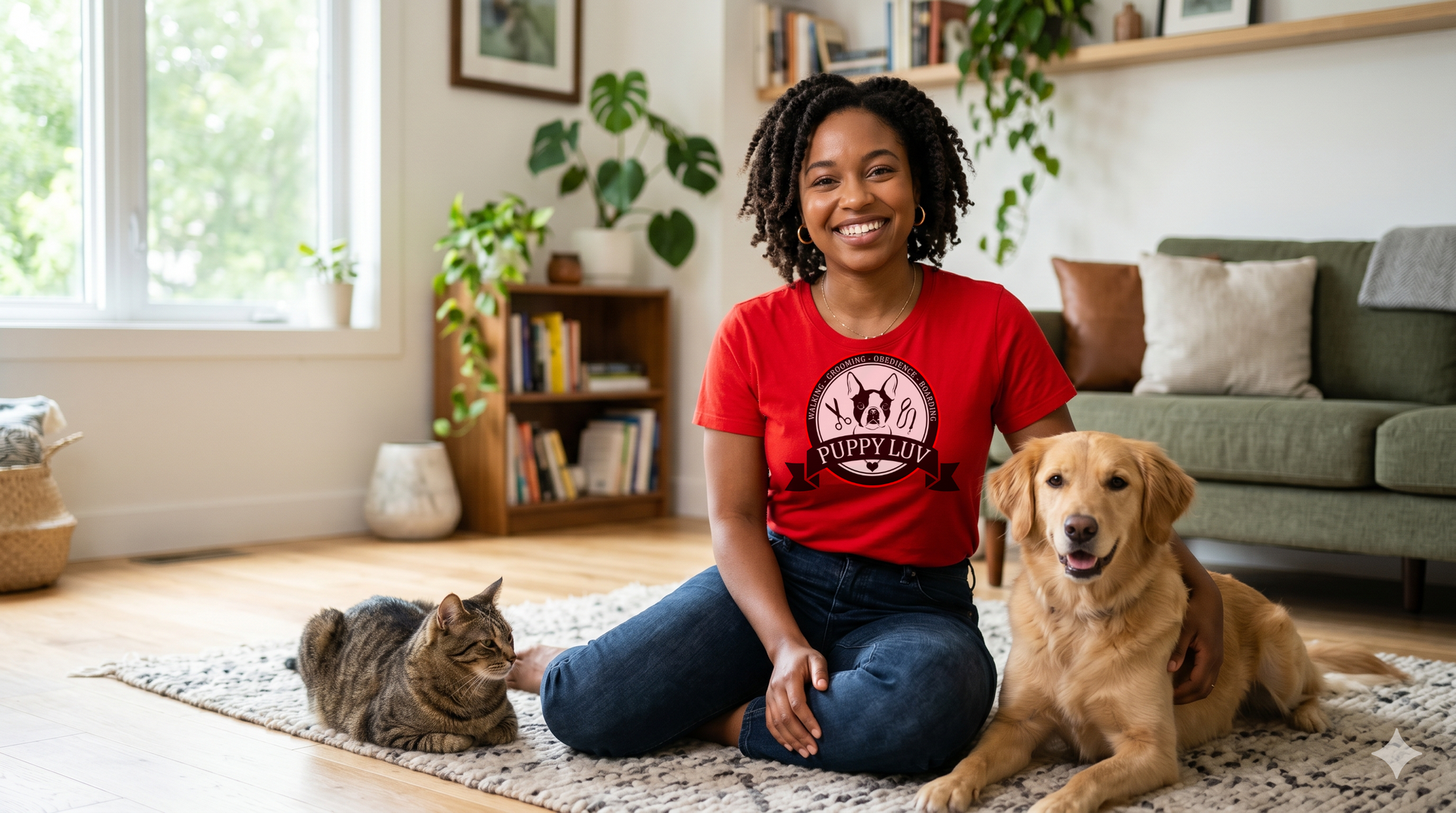Puppy Luv pet sitter sitting on a residential living room floor with a golden retriever and a tabby 