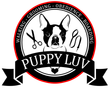 Puppy Luv pet grooming logo with black-and-white dog, scissors, comb, and “walking, grooming, obedience, boarding” text