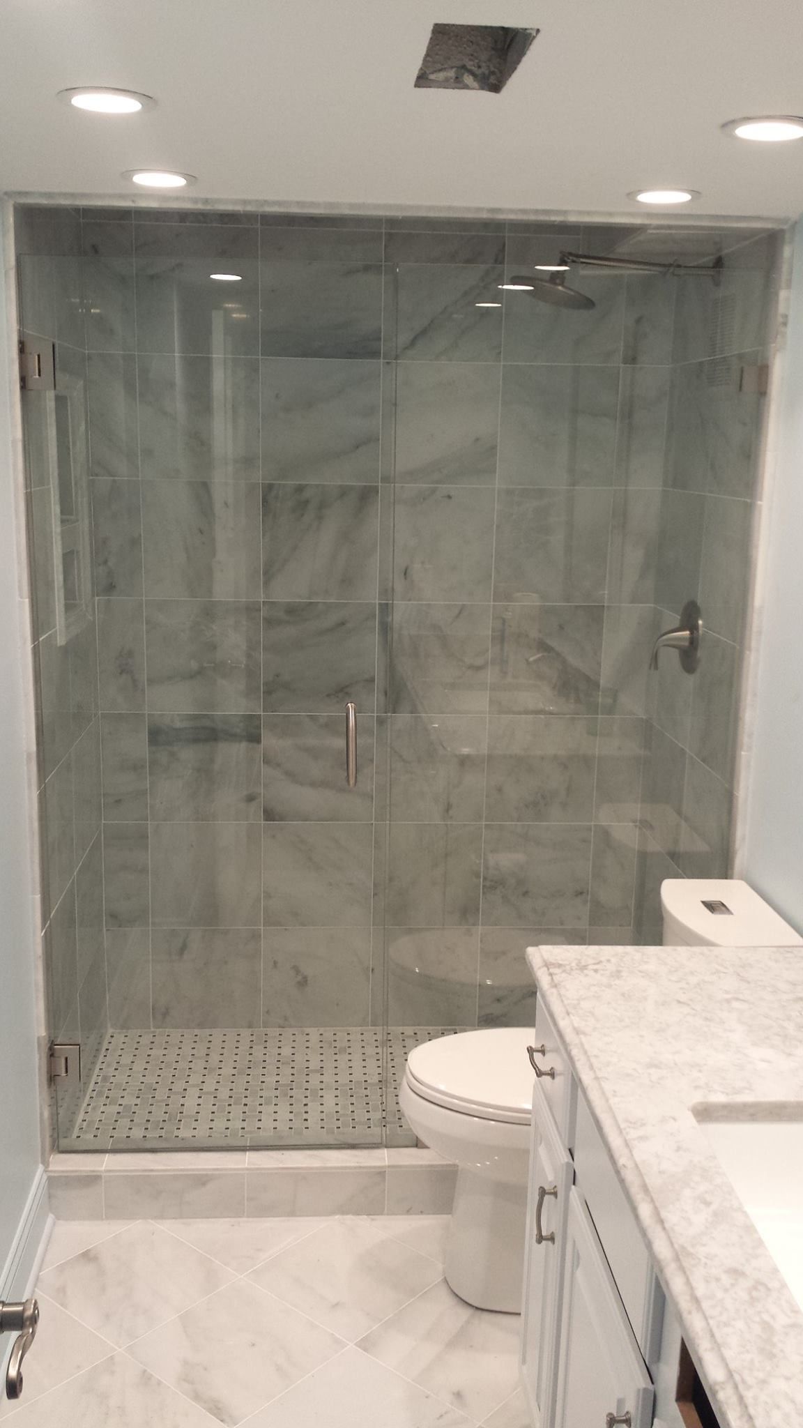 A bathroom with a walk in shower , toilet and sink