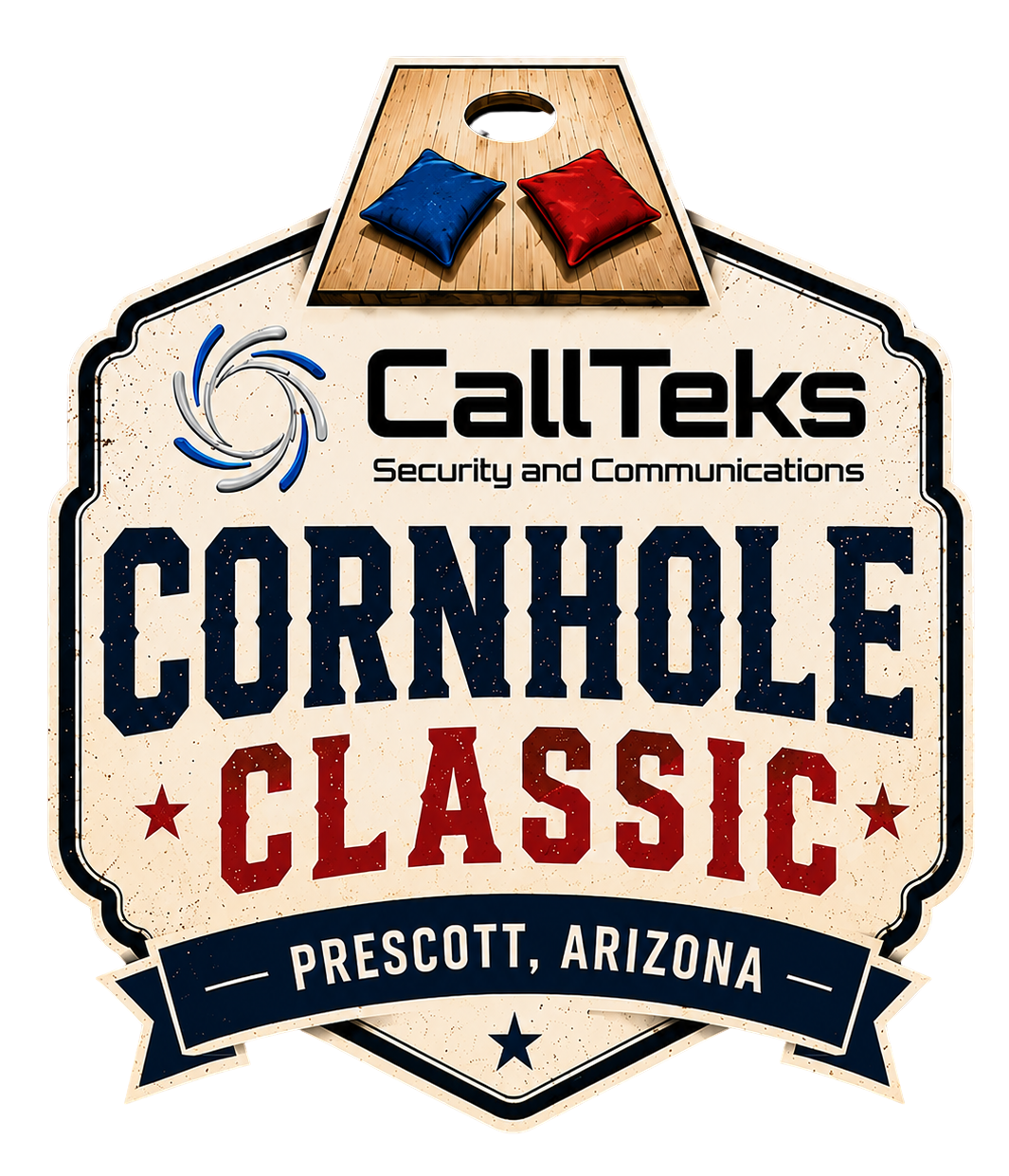 CallTeks Cornhole Classic logo with blue and red beanbags, Prescott, Arizona