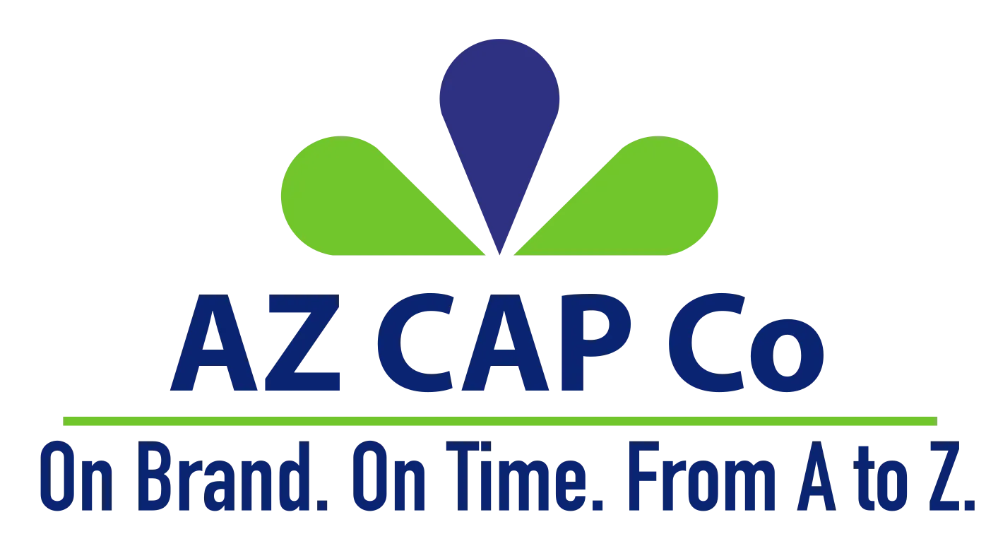 AZ CAP Co logo with green and blue emblem and slogan: “On Brand. On Time. From A to Z.”