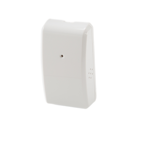 White wall-mounted device with a small black sensor on a plain background