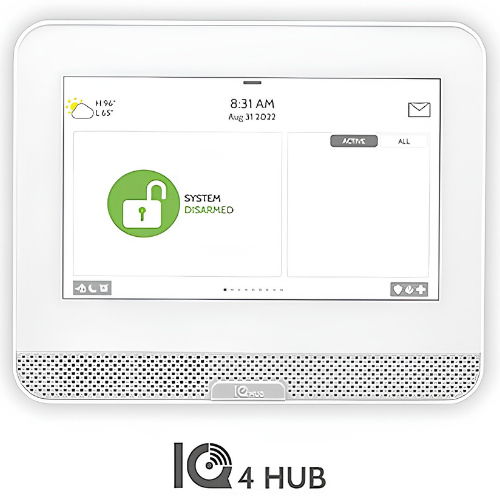 Touchscreen security panel showing a green unlocked lock and “system disarmed” status on a white wall unit.
