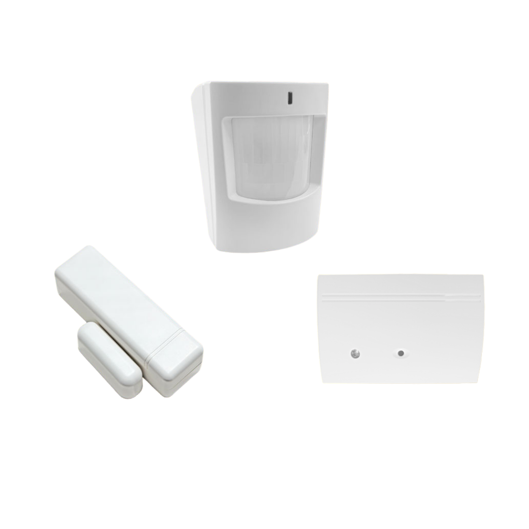 Three white home security sensors: motion detector, door sensor, and control panel.