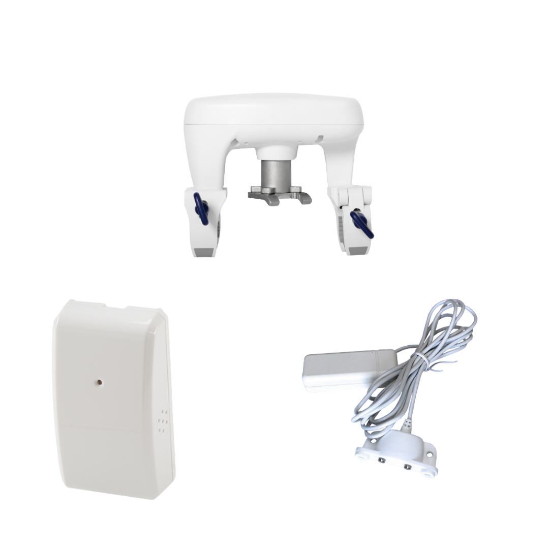 White electronic device with two blue clips and a wired sensor accessory on a white background