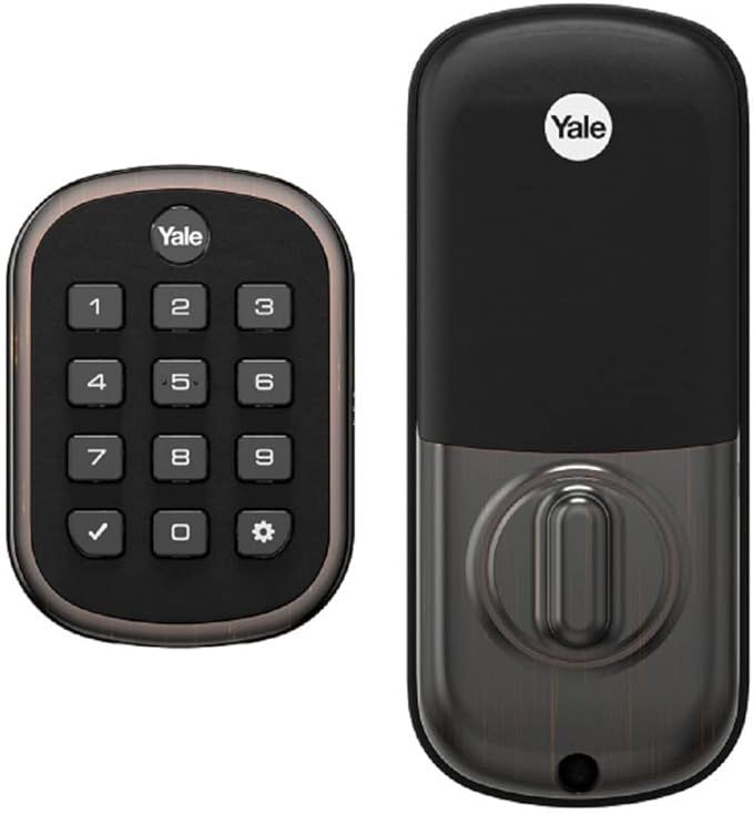 Yale smart lock keypad and matching black lock unit on white background