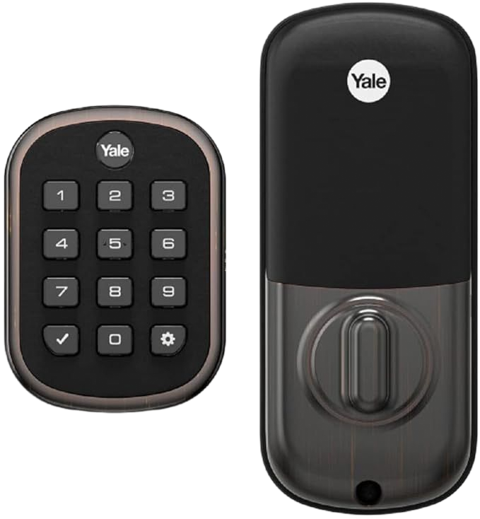 Yale smart lock with keypad and matching black door module on white background