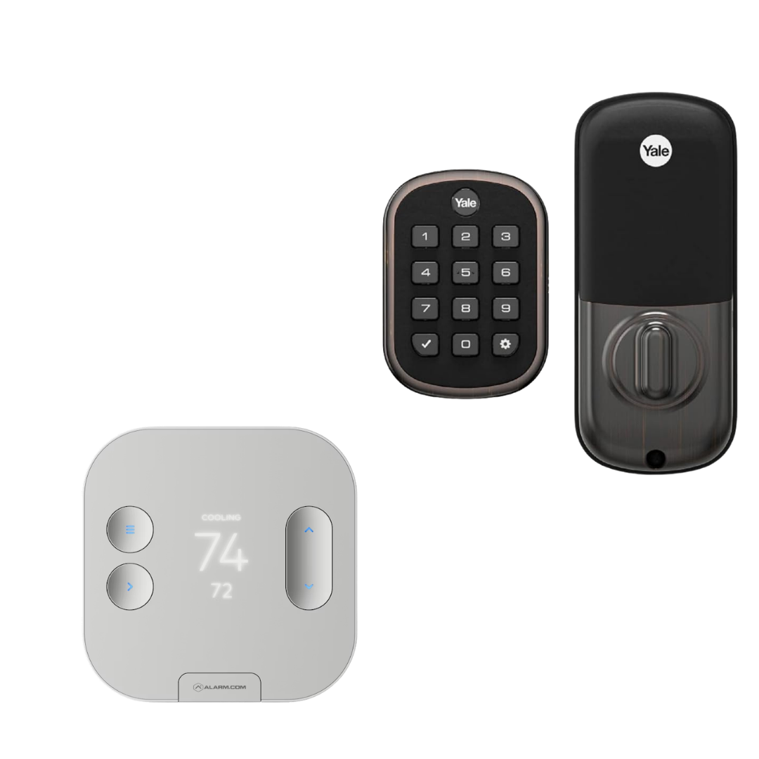 Three smart locks in white and black, including a keypad lock and a Yale lock on a white background