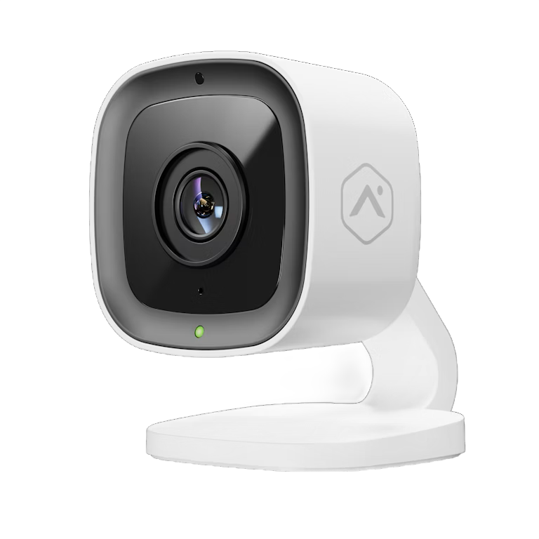 White security camera with black lens on a swivel stand, facing forward