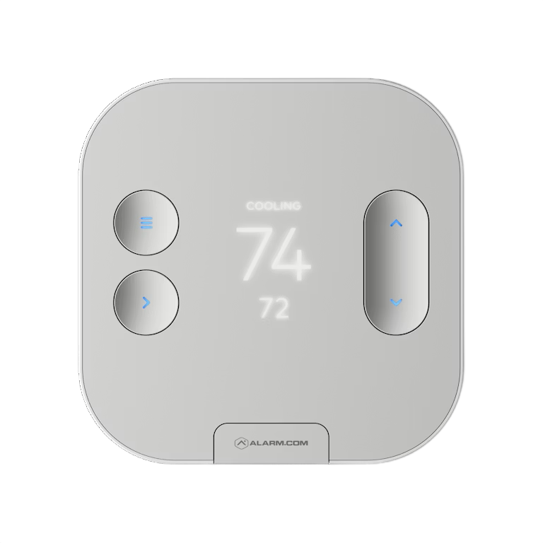 Square white thermostat display showing 74°F, with up/down buttons and a left-side menu button.