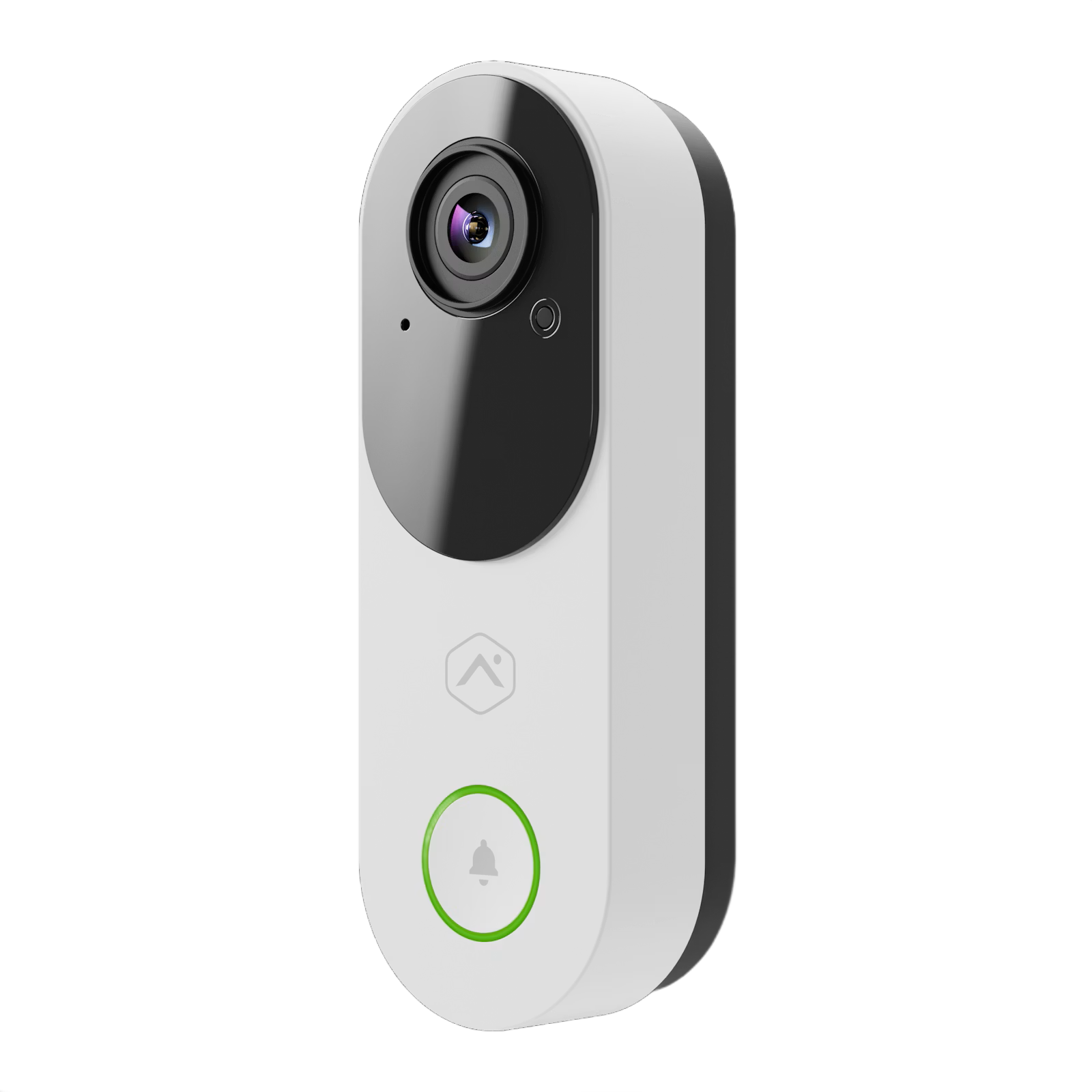 White and black video doorbell camera with a circular lens and green-lit button