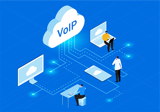 Isometric view: VoIP cloud connecting people on computers, smartphones, and tablets; blue background.