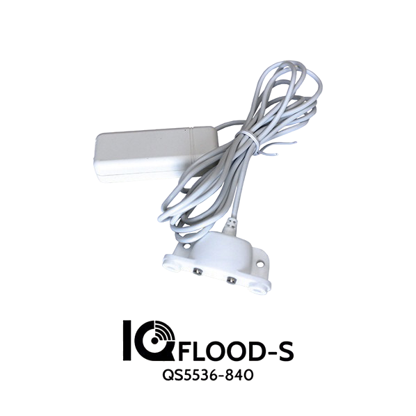 White IQFLOOD-S floodlight with coiled power cord on a white background, labeled QS5536-840
