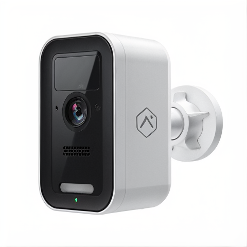 White doorbell camera with black front panel and lens, mounted on a wall bracket.