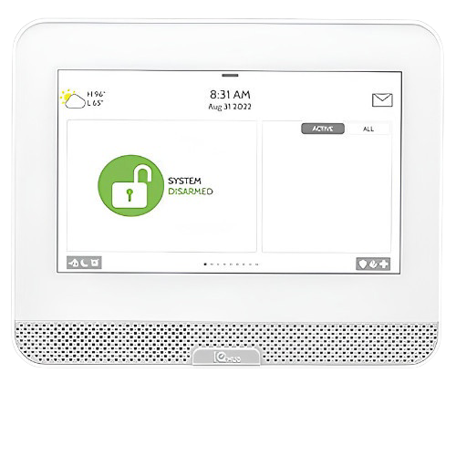 White home security touchscreen panel showing green unlocked status icon and time display