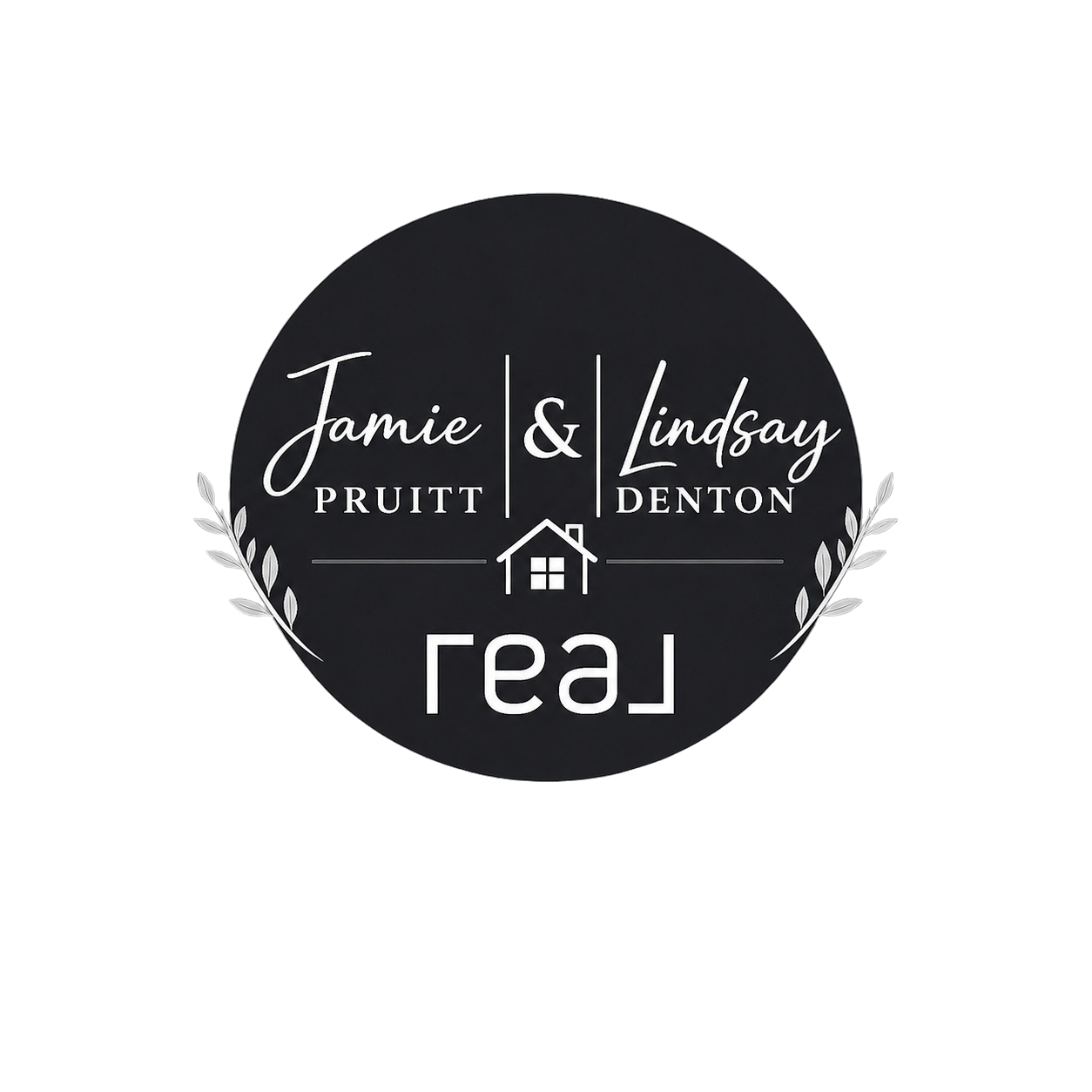 Black circular logo reading “Jamie Pruitt & Lindsay Denton” with a small house icon and “real” underneath