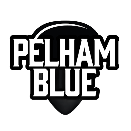Pelham Blue logo in bold white and black letters on a black guitar-pick shape