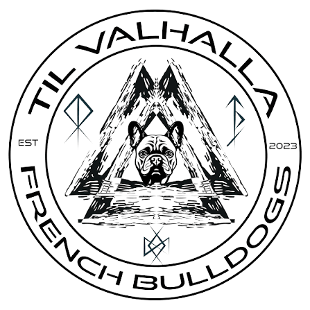 Black-and-white logo of a French bulldog inside a mountain triangle, with “TIL VALHALLA FRENCH BULLDOG” text