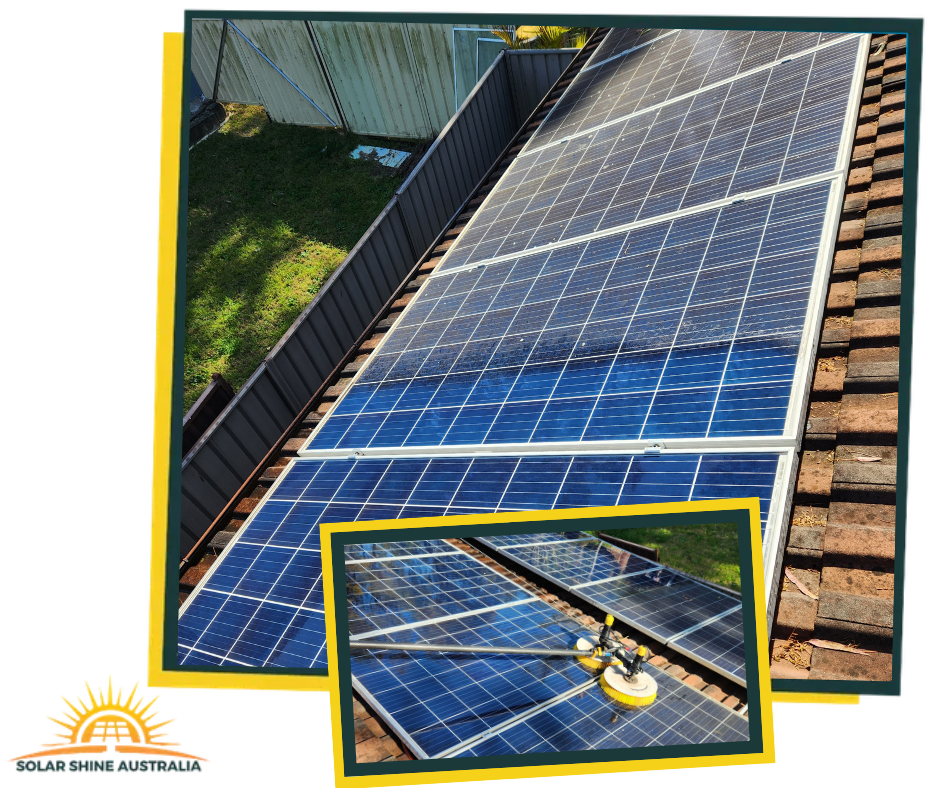 Solar panels being cleaned on a tiled roof.